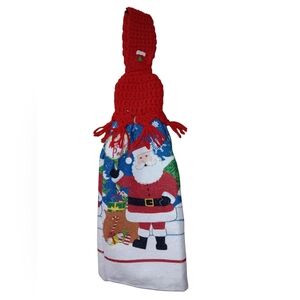 Holiday Santa Kitchen Towel with Red Crochet Top